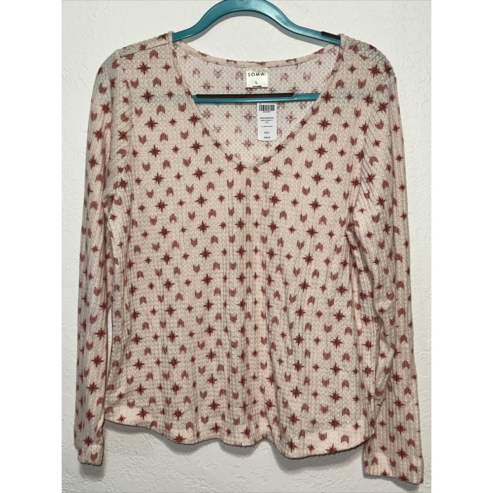 Soma Brushed Cozy Waffle LS Top Falling Star Pink Red V-Neck Large 570317574
